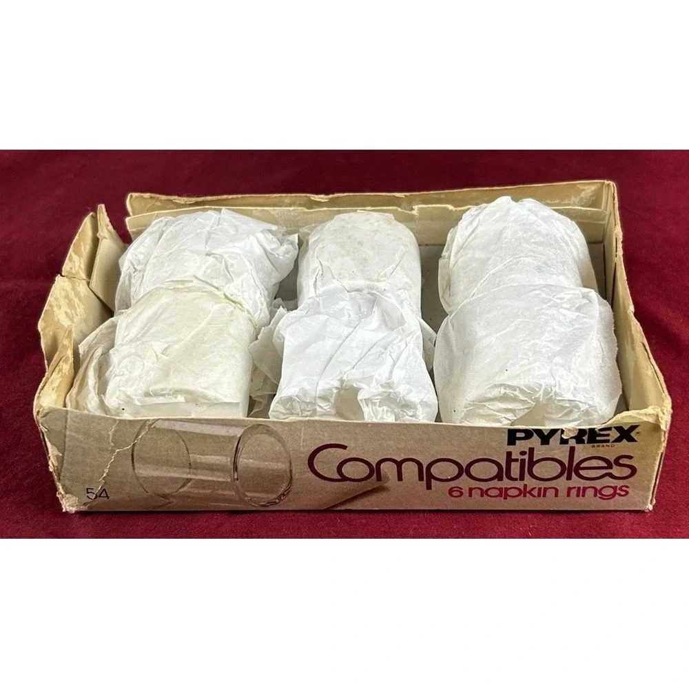 Vtg (6) Pyrex Compatibles Clear Glass 54 Napkin Rings Rose Pattern Original